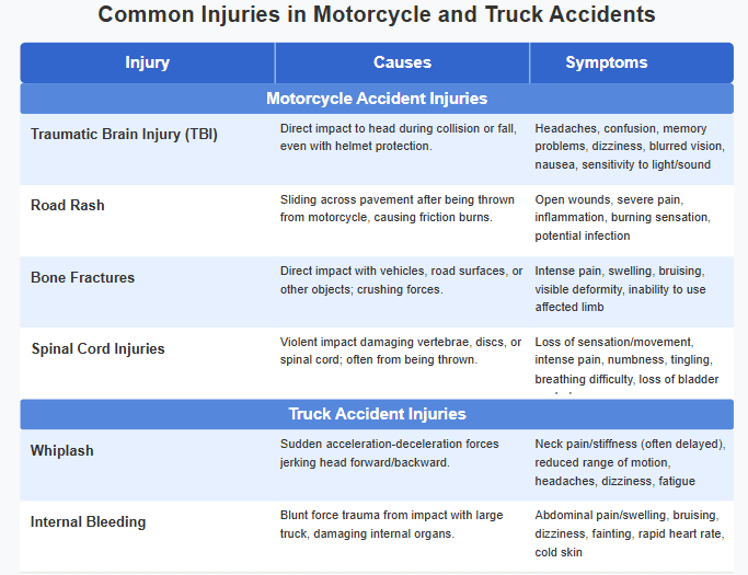 Common Injuries in Motorcycle and Truck Accidents
