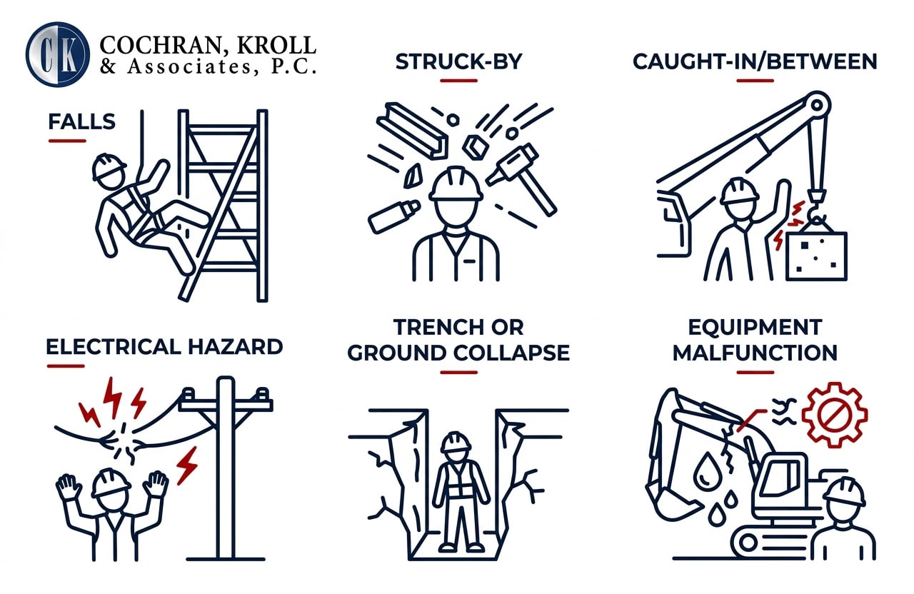 Icons representing construction site accident types