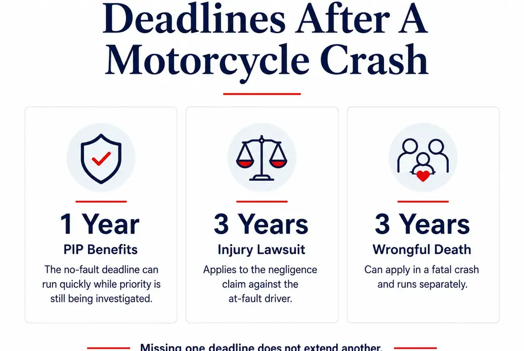 The 1-Year PIP Trap and the 3-Year Lawsuit Deadline for a Motorcycle Crash